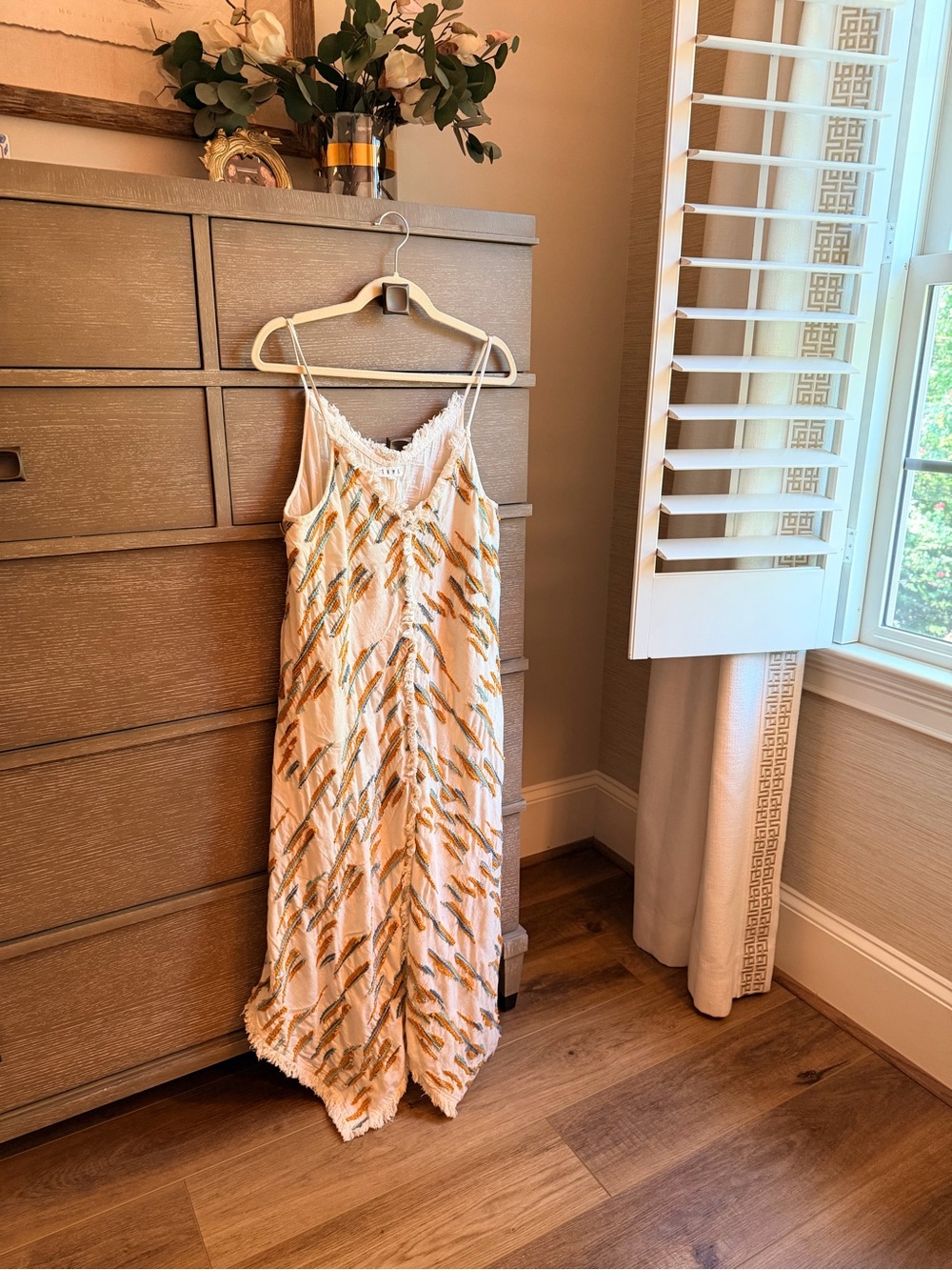 THML Cream Maxi Dress with Gold & Green Embroidery